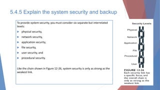 To provide system security, you must consider six separate but interrelated
levels:
 physical security,
 network security,
 application security,
 file security,
 user security, and
 procedural security.
Like the chain shown in Figure 12-26, system security is only as strong as the
weakest link.
5.4.5 Explain the system security and backup
 