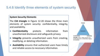 5.4.6 Identify three elements of system security
System Security Elements
The CIA triangle in Figure 12-20 shows the three main
elements of system security: confidentiality, integrity,
and availability.
 Confidentiality protects information from
unauthorized disclosure and safeguards privacy.
 Integrity prevents unauthorized users from creating,
modifying, or deleting information.
 Availability ensures that authorized users have timely
and reliable access to necessary information.
 