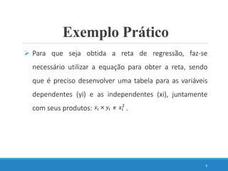 8
Exemplo Prático
 Para que seja obtida a reta de regressão, faz-se
necessário utilizar a equação para obter a reta, sendo
que é preciso desenvolver uma tabela para as variáveis
dependentes (yi) e as independentes (xi), juntamente
com seus produtos: .
𝑥𝑖 × 𝑦𝑖 e 𝑥𝑖
2
 