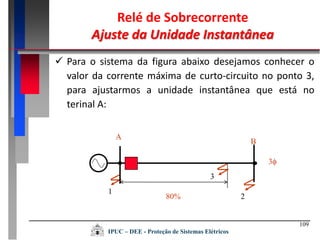 109
Relé de Sobrecorrente
Ajuste da Unidade Instantânea
IPUC – DEE - Proteção de Sistemas Elétricos
A
3
B
80%
1
2
3
 Para o sistema da figura abaixo desejamos conhecer o
valor da corrente máxima de curto-circuito no ponto 3,
para ajustarmos a unidade instantânea que está no
terinal A:
 