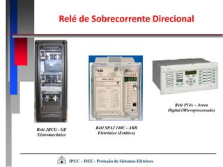 Relé de Sobrecorrente Direcional
IPUC – DEE - Proteção de Sistemas Elétricos
Relé JBCG - GE
Eletromecânico
Relé SPAJ 140C - ABB
Eletrônico (Estático)
Relé P14x – Areva
Digital (Microprocessado)
 