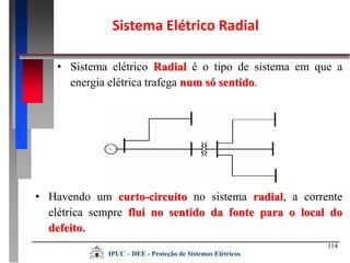 114
Sistema Elétrico Radial
• Sistema elétrico Radial é o tipo de sistema em que a
energia elétrica trafega num só sentido.
• Havendo um curto-circuito no sistema radial, a corrente
elétrica sempre flui no sentido da fonte para o local do
defeito.
IPUC – DEE - Proteção de Sistemas Elétricos
 