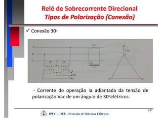 147
IPUC – DEE - Proteção de Sistemas Elétricos
Relé de Sobrecorrente Direcional
Tipos de Polarização (Conexão)
 Conexão 30o
- Corrente de operação Ia adiantada da tensão de
polarização Vac de um ângulo de 30oelétricos.
 