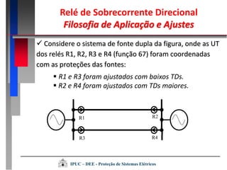 R1
R3
R2
R4
Relé de Sobrecorrente Direcional
Filosofia de Aplicação e Ajustes
 Considere o sistema de fonte dupla da figura, onde as UT
dos relés R1, R2, R3 e R4 (função 67) foram coordenadas
com as proteções das fontes:
 R1 e R3 foram ajustados com baixos TDs.
 R2 e R4 foram ajustados com TDs maiores.
IPUC – DEE - Proteção de Sistemas Elétricos
 