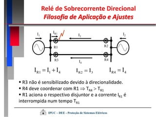 R1
R3
R2
R4
IR1I1 I2I3
I4
41R1 III  3R2 II  4R4 II 
 R3 não é sensibilizado devido à direcionalidade.
 R4 deve coordenar com R1  TR4  TR1
 R1 aciona o respectivo disjuntor e a corrente IR1 é
interrompida num tempo TR1
Relé de Sobrecorrente Direcional
Filosofia de Aplicação e Ajustes
IPUC – DEE - Proteção de Sistemas Elétricos
 