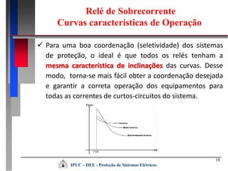18
 Para uma boa coordenação (seletividade) dos sistemas
de proteção, o ideal é que todos os relés tenham a
mesma característica de inclinações das curvas. Desse
modo, torna-se mais fácil obter a coordenação desejada
e garantir a correta operação dos equipamentos para
todas as correntes de curtos-circuitos do sistema.
Relé de Sobrecorrente
Curvas características de Operação
IPUC – DEE - Proteção de Sistemas Elétricos
 