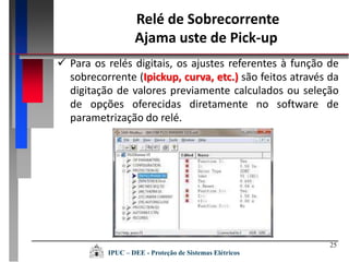 25
 Para os relés digitais, os ajustes referentes à função de
sobrecorrente (Ipickup, curva, etc.) são feitos através da
digitação de valores previamente calculados ou seleção
de opções oferecidas diretamente no software de
parametrização do relé.
Relé de Sobrecorrente
Ajama uste de Pick-up
IPUC – DEE - Proteção de Sistemas Elétricos
 