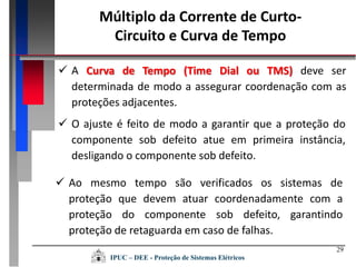 29
 A Curva de Tempo (Time Dial ou TMS) deve ser
determinada de modo a assegurar coordenação com as
proteções adjacentes.
Múltiplo da Corrente de Curto-
Circuito e Curva de Tempo
 O ajuste é feito de modo a garantir que a proteção do
componente sob defeito atue em primeira instância,
desligando o componente sob defeito.
 Ao mesmo tempo são verificados os sistemas de
proteção que devem atuar coordenadamente com a
proteção do componente sob defeito, garantindo
proteção de retaguarda em caso de falhas.
IPUC – DEE - Proteção de Sistemas Elétricos
 