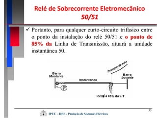 53
 Portanto, para qualquer curto-circuito trifásico entre
o ponto da instalação do relé 50/51 e o ponto de
85% da Linha de Transmissão, atuará a unidade
instantânea 50.
Relé de Sobrecorrente Eletromecânico
50/51
IPUC – DEE - Proteção de Sistemas Elétricos
 