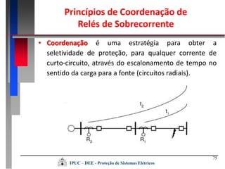 75
• Coordenação é uma estratégia para obter a
seletividade de proteção, para qualquer corrente de
curto-circuito, através do escalonamento de tempo no
sentido da carga para a fonte (circuitos radiais).
Princípios de Coordenação de
Relés de Sobrecorrente
IPUC – DEE - Proteção de Sistemas Elétricos
 