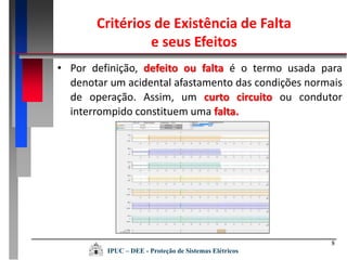 Critérios de Existência de Falta
e seus Efeitos
8
• Por definição, defeito ou falta é o termo usada para
denotar um acidental afastamento das condições normais
de operação. Assim, um curto circuito ou condutor
interrompido constituem uma falta.
IPUC – DEE - Proteção de Sistemas Elétricos
 