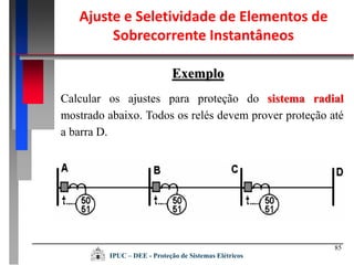 85
Exemplo
Calcular os ajustes para proteção do sistema radial
mostrado abaixo. Todos os relés devem prover proteção até
a barra D.
IPUC – DEE - Proteção de Sistemas Elétricos
Ajuste e Seletividade de Elementos de
Sobrecorrente Instantâneos
 