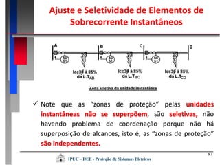 87
Zona seletiva da unidade instantânea
 Note que as “zonas de proteção” pelas unidades
instantâneas não se superpõem, são seletivas, não
havendo problema de coordenação porque não há
superposição de alcances, isto é, as “zonas de proteção”
são independentes.
IPUC – DEE - Proteção de Sistemas Elétricos
Ajuste e Seletividade de Elementos de
Sobrecorrente Instantâneos
 