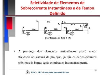 88
• A presença dos elementos instantâneos provê maior
eficiência ao sistema de proteção, já que os curtos-circuitos
próximos às barras serão eliminados instantaneamente.
Coordenação do Relé B e C
Seletividade de Elementos de
Sobrecorrente Instantâneos e de Tempo
Definido
IPUC – DEE - Proteção de Sistemas Elétricos
 