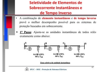 97
• A combinação de elemento instantâneos e de tempo inverso
provê o melhor desempenho possível para os sistemas de
proteção baseados em sobrecorrente.
 1° Passo: Ajusta-se as unidades instantâneas de todos relés
exatamente como abaixo:
Zona seletiva da unidade instantânea
IPUC – DEE - Proteção de Sistemas Elétricos
Seletividade de Elementos de
Sobrecorrente Instantâneos e
de Tempo Inverso
 
