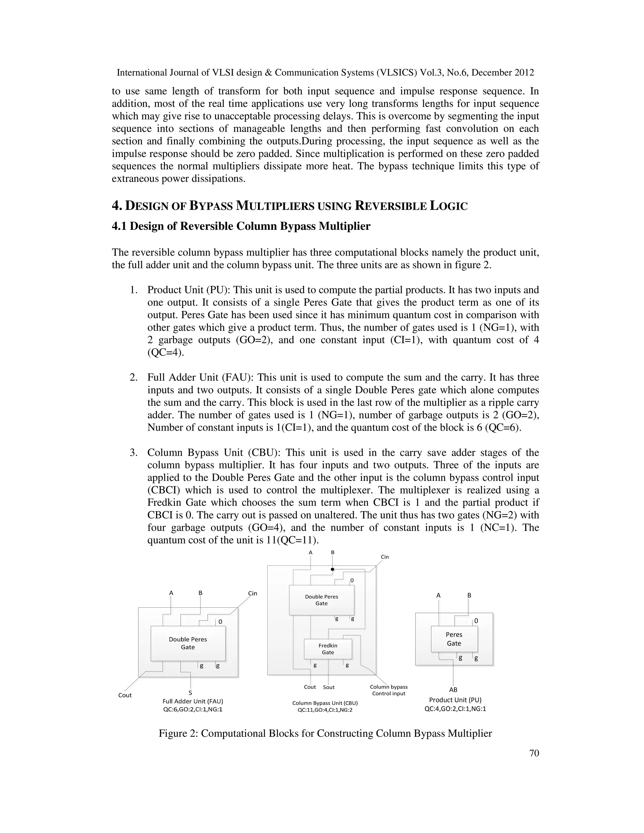 International Journal of VLSI design & Communication Systems (VLSICS) Vol.3, No.6, December 2012 70 to use same length of transform for both input sequence and impulse response sequence. In addition, most of the real time applications use very long transforms lengths for input sequence which may give rise to unacceptable processing delays. This is overcome by segmenting the input sequence into sections of manageable lengths and then performing fast convolution on each section and finally combining the outputs.During processing, the input sequence as well as the impulse response should be zero padded. Since multiplication is performed on these zero padded sequences the normal multipliers dissipate more heat. The bypass technique limits this type of extraneous power dissipations. 4. DESIGN OF BYPASS MULTIPLIERS USING REVERSIBLE LOGIC 4.1 Design of Reversible Column Bypass Multiplier The reversible column bypass multiplier has three computational blocks namely the product unit, the full adder unit and the column bypass unit. The three units are as shown in figure 2. 1. Product Unit (PU): This unit is used to compute the partial products. It has two inputs and one output. It consists of a single Peres Gate that gives the product term as one of its output. Peres Gate has been used since it has minimum quantum cost in comparison with other gates which give a product term. Thus, the number of gates used is 1 (NG=1), with 2 garbage outputs (GO=2), and one constant input (CI=1), with quantum cost of 4 (QC=4). 2. Full Adder Unit (FAU): This unit is used to compute the sum and the carry. It has three inputs and two outputs. It consists of a single Double Peres gate which alone computes the sum and the carry. This block is used in the last row of the multiplier as a ripple carry adder. The number of gates used is 1 (NG=1), number of garbage outputs is 2 (GO=2), Number of constant inputs is 1(CI=1), and the quantum cost of the block is 6 (QC=6). 3. Column Bypass Unit (CBU): This unit is used in the carry save adder stages of the column bypass multiplier. It has four inputs and two outputs. Three of the inputs are applied to the Double Peres Gate and the other input is the column bypass control input (CBCI) which is used to control the multiplexer. The multiplexer is realized using a Fredkin Gate which chooses the sum term when CBCI is 1 and the partial product if CBCI is 0. The carry out is passed on unaltered. The unit thus has two gates (NG=2) with four garbage outputs (GO=4), and the number of constant inputs is 1 (NC=1). The quantum cost of the unit is 11(QC=11). Peres Gate Product Unit (PU) QC:4,GO:2,CI:1,NG:1 A B AB g g 0 Figure 2: Computational Blocks for Constructing Column Bypass Multiplier 