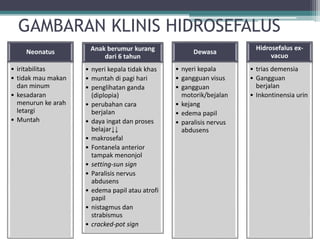 GAMBARAN KLINIS HIDROSEFALUS
Neonatus
• iritabilitas
• tidak mau makan
dan minum
• kesadaran
menurun ke arah
letargi
• Muntah
Anak berumur kurang
dari 6 tahun
• nyeri kepala tidak khas
• muntah di pagi hari
• penglihatan ganda
(diplopia)
• perubahan cara
berjalan
• daya ingat dan proses
belajar↓↓
• makrosefal
• Fontanela anterior
tampak menonjol
• setting-sun sign
• Paralisis nervus
abdusens
• edema papil atau atrofi
papil
• nistagmus dan
strabismus
• cracked-pot sign
Dewasa
• nyeri kepala
• gangguan visus
• gangguan
motorik/bejalan
• kejang
• edema papil
• paralisis nervus
abdusens
Hidrosefalus ex-
vacuo
• trias demensia
• Gangguan
berjalan
• Inkontinensia urin
 