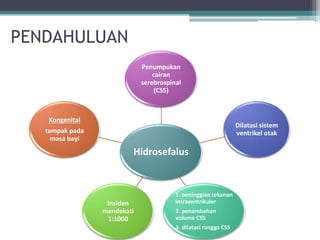 PENDAHULUAN
Hidrosefalus
Penumpukan
cairan
serebrospinal
(CSS)
Dilatasi sistem
ventrikel otak
1. peninggian tekanan
intraventrikuler
2. penambahan
volume CSS
3. dilatasi rongga CSS
Insiden
mendekati
1:1000
Kongenital
tampak pada
masa bayi
 