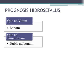 PROGNOSIS HIDROSEFALUS
• Bonam
Quo ad Vitam
• Dubia ad bonam
Quo ad
Functionam
 