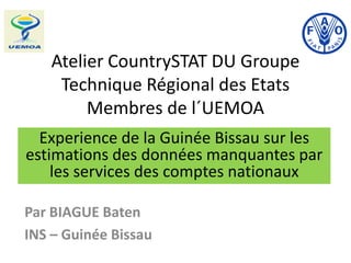 Atelier CountrySTAT DU Groupe
Technique Régional des Etats
Membres de l´UEMOA
Par BIAGUE Baten
INS – Guinée Bissau
Experience de la Guinée Bissau sur les
estimations des données manquantes par
les services des comptes nationaux
 