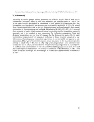 International Journal of Computer Science, Engineering and Information Technology (IJCSEIT), Vol.3,No. 6,December 2013
24
3 .B: Summary
According to studied papers, various parameters are effective in the field of web service
composition. We classify papers by using these parameters that have been shown in Table 1. One
of the most effective parameters in composition of web services is composition type. The
composition types are syntactic and semantic that is discussed in section III. In [27], [28] is used
from syntactic composition type; in this way the composition is performed manually. But, manual
composition is time-consuming and hard task. Therefore in [4], [13], [29], [21], [32] are used
from semantic to resolve disadvantages of manual composition that its composition manner is
automatic and is not required to user intervention for performing composition. Static and
Dynamic composition are two type of strategy that be discussed in section III. In static
composition, composition of web services is performed in design time that is required to user
intervention, whereas dynamic composition is performed in run time and is not required to user
intervention. Other type of composition manner is semi-automatic. In this case, the composition
strategy is either static or dynamic. In [18], [33], have been presented a semi-automatic/static
composition and in [34] is presented the semi-automatic/dynamic composition. In each of papers
is used from tools for composition of web service and standard languages such as wsdl, owl-s and
etc for description of web services. The overall, we summarize overall framework in table 1 and
so we classify the advantages and disadvantages of each reviewed paper and their characteristics
in table 2.
 