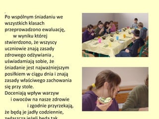 .
Po wspólnym śniadaniu we
wszystkich klasach
przeprowadzono ewaluację,
     w wyniku której
stwierdzono, że wszyscy
uczniowie znają zasady
zdrowego odżywiania ,
uświadamiają sobie, że
śniadanie jest najważniejszym
posiłkiem w ciągu dnia i znają
zasady właściwego zachowania
się przy stole.
Doceniają wpływ warzyw
   i owoców na nasze zdrowie
           i zgodnie przyrzekają,
że będą je jadły codziennie,
 