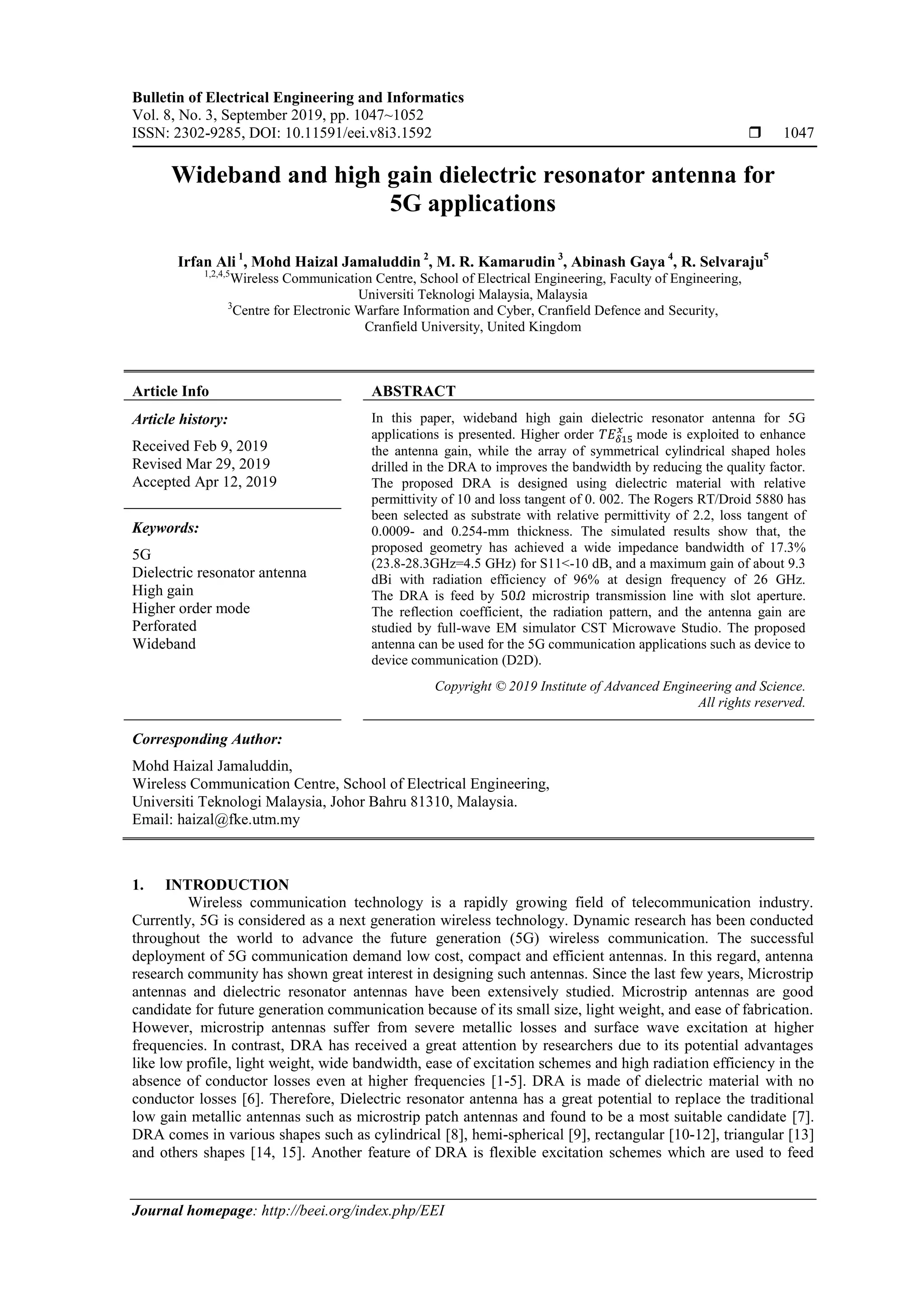 Wideband and high gain dielectric resonator antenna for 5G applications