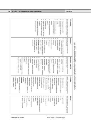 LAS ÁREAS DE DESEMPEÑO OCUPACIONAL EN DIFERENTES PAÍSES:
UNIDAD 2




                                              COLOMBIA                                 MÉXICO                                 ESTADOS UNIDOS                          ESPAÑA                                  BRASIL
                                              Áreas de desempeño en la Clasificación   Áreas de desempeño establecidas        Sectores establecidos por el National   Familias Ocupacionales del Ministerio   Áreas profesionales en las referencias
                                              Nacional de Ocupaciones del SENA         por el CONOCER                         Skills Standards Board                  de Educación, Cultura y Deporte         curriculares nacionales. Min. Educación




                                                                                                                                                                                                                                                        María Irigoin | Fernando Vargas
                                              1. Finanzas y administración             1. Cultivo, crianza, aprovechamiento   1. Manufactura, instalación y           1. Actividades Agrarias                 1. Agropecuario
                                              2. Ciencias Naturales Aplicadas y           y procesamiento agropecuario,          reparación                           2. Actividades marítimo pesqueras       2. Artes
                                                 Relacionadas                             agroindustrial y forestal           2. Ventas al por mayor y al por         3. Administración                       3. Comercio
                                              3. Salud                                 2. Extracción y beneficio                 menor, bienes raíces y servicios
                                                                                                                                                                      4. Actividades físicas y deportivas     4. Comunicación
                                                                                       3. Construcción                           personales
                                              4. Ciencias Sociales, Educación,                                                                                        5. Artes Gráficas                       5. Construcción Civil
                                                 Servicios Gubernamentales y           4. Tecnología                          3. Servicios de Administración y
                                                                                                                                 Negocios                             6. Comercio y Marketing                 6. Diseño
                                                 Religión                              5. Telecomunicaciones
                                                                                                                              4. Telecomunicaciones, Computa-         7. Comunicación, imagen y sonido        7. Geología
                                              5. Arte, Cultura, Esparcimiento y        6. Manufactura
                                                 Deporte                                                                         ción, Arte, Entretenimiento e        8. Edificación y obra civil             8. Gestión
                                                                                       7. Transporte                             Información
                                              6. Ventas y Servicios                                                                                                   9. Electricidad y Electrónica           9. Imagen personal
                                                                                       8. Ventas de bienes y servicios        5. Restaurantes, Hostelería,
                                              7. Explotación Primaria y Extractiva                                                                                    10. Fabricación mecánica                10. Industria
                                                                                       9. Servicios de finanzas, gestión y       Hospitalidad, Turismo, Diversión y
                                              8. Oficios y Operadores de Equipo y                                                                                     11. Hostelería y Turismo                11. Informática
                                                                                          soporte administrativo                 Recreación
MÓDULO 1 • Competencias, fases y aplicación




                                                 Transporte                                                                                                           12. Imagen personal                     12. Recreación y desarrollo social
                                                                                       10. Salud y protección social          6. Educación y Capacitación
                                              22. Ocupaciones de Procesamiento,                                                                                       13. Industrias alimentarias             13. Medio ambiente
                                                                                       11. Comunicación social                7. Finanzas y Seguros
                                                  Fabricación y Ensamble                                                                                              14. Informática                         14. Minería
                                                                                       12. Desarrollo y extensión del         8. Construcción
                                                                                           conocimiento                                                               15. Madera y mueble                     15. Química
                                                                                                                              9. Agricultura, Silvicultura y Pesca
                                                                                                                                                                      16. Mantenimiento de vehículos          16. Recursos pesqueros
                                                                                                                              10. Minería
                                                                                                                                                                          autopropulsados                     17. Salud
                                                                                                                              11. Manejo ambiental y de desechos
                                                                                                                                                                      17. Mantenimiento y servicios a la      18. Telecomunicaciones
                                                                                                                              12. Transporte                              producción
                                                                                                                                                                                                              19. Transportes
                                                                                                                              13. Salud




                                                                                                                                                                                                                                                        COMPETENCIA LABORAL
                                                                                                                                                                      18. Química
                                                                                                                                                                                                              20. Turismo y hospitalidad
                                                                                                                              14. Administración pública, servicios   19. Sanidad
                                                                                                                                  legales y de protección
                                                                                                                                                                      20. Servicios socioculturales y a la
                                                                                                                              15. Servicios científicos y técnicos        comunidad
                                                                                                                                                                      21. Textil, Confección y Piel
                                                                                                                                                                      22. Vidrio y Cerámica
54
 