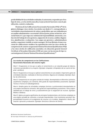 58       MÓDULO 1 • Competencias, fases y aplicación                                                                                                                                    UNIDAD 2




     predictibilidad de las actividades realizadas, la autonomía, responder por el tra-
     bajo de otros, y en los niveles más altos, la ejecución de funciones como la pla-
     nificación, control y evaluación.
            El sistema de los Calificaciones Vocacionales Nacionales (NVQ´s)20 de In-
     glaterra distingue cinco niveles. Los niveles van desde el 1, correspondiente a
     «actividades mayoritariamente de rutina y predecibles» que son realizadas por
     un auxiliar administrativo o secretarial (clerical junior, junior technician, secre-
     tarial) hasta el 5, que exige una «substancial responsabilidad, autonomía, con-
     ducción del trabajo de otros gestores, asignación de recursos, análisis, diagnós-
     tico, planificación y evaluación». Los cargos son gerentes y administradores
     medios o superiores (middle or senior manager). En Gran Bretaña el marco na-
     cional de calificaciones establece las equivalencias entre los cinco niveles de
     competencia de carácter ocupacional (National Vocational Qualifications NVQ)
     y los cinco niveles de calificación asociados a la educación general (General
     Certificate of Secundary Education GCSE) así como con las normas de tipo vo-
     cacional general (General National Vocational Qualifications). 21



              Los niveles de competencia en las Calificaciones
              Vocacionales Nacionales del sistema inglés

              Nivel 1: Ocupaciones en las que se aplica el conocimiento a un reducido grupo de labores,
              rutinarias o predecibles en su mayoría. (Ejemplo: Limpiador o limpiadora de un cuarto de hos-
              pital; camillero)
              Nivel 2: Ocupaciones en las que se aplican conocimientos en una amplia e importante gama de
              actividades laborales, realizadas en diversos contextos. Algunas son complejas. (Ejemplo: Auxi-
              liar de enfermería)
              Nivel 3: Competencia en una gama variada de trabajo, desempeñada en diferentes contextos,
              usualmente complejos y no rutinarios. Alto grado de responsabilidad y autonomía. (Ejemplo:
              Técnica o Técnico en radiodiagnóstico)
              Nivel 4: Amplia gama de actividades complejas (técnicas o profesionales) desempeñadas en
              una amplia variedad de contextos. Alto grado de responsabilidad y autonomía. Tiene respon-
              sabilidad por el trabajo de otros y ocasionalmente por la asignación de recursos. (Ejemplo:
              Médica o Médico)
              Nivel 5: Aplica una gama significativa de principios fundamentales y de técnicas complejas en
              una amplia variedad de contextos a menudo impredecibles. Gran autonomía personal. Res-
              ponsabilidad frecuente en la asignación de recursos, en el análisis, diagnóstico, diseño, pla-
              neación, ejecución y evaluación. (Ejemplo: Directora o Director de Clínica).




     ○    ○    ○   ○   ○   ○   ○   ○   ○   ○   ○   ○   ○   ○   ○   ○   ○   ○   ○   ○   ○   ○   ○   ○   ○   ○   ○   ○   ○    ○   ○   ○   ○   ○   ○   ○   ○   ○   ○   ○   ○   ○   ○   ○




     20 National Vocational Qualifications.
     21 Una mayor información en: www.qca.org.uk/framework.



     COMPETENCIA LABORAL                                                                                                   María Irigoin | Fernando Vargas
 