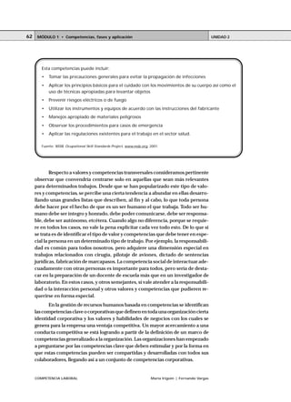 62    MÓDULO 1 • Competencias, fases y aplicación                                                          UNIDAD 2




        Esta competencias puede incluir:
        •   Tomar las precauciones generales para evitar la propagación de infecciones
        •   Aplicar los principios básicos para el cuidado con los movimientos de su cuerpo así como el
            uso de técnicas apropiadas para levantar objetos
        •   Prevenir riesgos eléctricos o de fuego
        •   Utilizar los instrumentos y equipos de acuerdo con las instrucciones del fabricante
        •   Manejos apropiado de materiales peligrosos
        •   Observar los procedimientos para casos de emergencia
        •   Aplicar las regulaciones existentes para el trabajo en el sector salud.

        Fuente: NSSB, Ocupational Skill Standards Project, www.nssb.org, 2001.




             Respecto a valores y competencias transversales consideramos pertinente
     observar que convendría centrarse solo en aquellas que sean más relevantes
     para determinados trabajos. Desde que se han popularizado este tipo de valo-
     res y competencias, se percibe una cierta tendencia a abundar en ellas desarro-
     llando unas grandes listas que describen, al fin y al cabo, lo que toda persona
     debe hacer por el hecho de que es un ser humano el que trabaja. Todo ser hu-
     mano debe ser íntegro y honrado, debe poder comunicarse, debe ser responsa-
     ble, debe ser autónomo, etcétera. Cuando algo no diferencia, porque se requie-
     re en todos los casos, no vale la pena explicitar cada vez todo esto. De lo que sí
     se trata es de identificar el tipo de valor y competencias que debe tener en espe-
     cial la persona en un determinado tipo de trabajo. Por ejemplo, la responsabili-
     dad es común para todos nosotros, pero adquiere una dimensión especial en
     trabajos relacionados con cirugía, pilotaje de aviones, dictado de sentencias
     jurídicas, fabricación de marcapasos. La competencia social de interactuar ade-
     cuadamente con otras personas es importante para todos, pero sería de desta-
     car en la preparación de un docente de escuela más que en un investigador de
     laboratorio. En estos casos, y otros semejantes, sí vale atender a la responsabili-
     dad o la interacción personal y otros valores y competencias que pudieren re-
     querirse en forma especial.
           En la gestión de recursos humanos basada en competencias se identifican
     las competencias clave o corporativas que definen en toda una organización cierta
     identidad corporativa y los valores y habilidades de negocios con los cuales se
     genera para la empresa una ventaja competitiva. Un mayor acercamiento a una
     conducta competitiva se está logrando a partir de la definición de un marco de
     competencias generalizado a la organización. Las organizaciones han empezado
     a preguntarse por las competencias clave que deben estimular y por la forma en
     que estas competencias pueden ser compartidas y desarrolladas con todos sus
     colaboradores, llegando así a un conjunto de competencias corporativas.


     COMPETENCIA LABORAL                                                 María Irigoin | Fernando Vargas
 