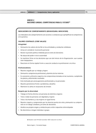 UNIDAD 2       MÓDULO 1 • Competencias, fases y aplicación                                                                                                                                      71




               ANEXO 2
               NACIONES UNIDAS. COMPETENCIAS PARA EL FUTURO25
               ○   ○   ○   ○   ○   ○   ○   ○   ○   ○   ○   ○   ○   ○   ○   ○   ○   ○   ○   ○   ○   ○   ○   ○   ○   ○   ○   ○   ○   ○   ○   ○   ○   ○    ○   ○   ○   ○   ○   ○   ○   ○   ○   ○   ○




INDICADORES DE COMPORTAMIENTO (BEHAVIOURAL INDICATORS)

Los indicadores de comportamiento son acciones o conductas que ejemplifican la competencia
en la práctica.


VALORES CENTRALES (CORE VALUES)

Integridad
•   Demuestra los valores de las NU en las actividades y conductas cotidianas
•   Actúa sin considerar el provecho personal
•   Resiste la presión política indebida para la toma de decisiones
•   No abusa del poder ni de la autoridad
•   Se mantiene firme en las decisiones que son del interés de la Organización, aun cuando
    sean impopulares
•   Reacciona en forma rápida frente a casos de conducta no profesional o no ética.


Profesionalismo
•   Muestra orgullo por su trabajo y logros
•   Demuestra competencia profesional y dominio de las materias
•   Es consciente y eficiente respecto a los compromisos tomados en las reuniones, cumpliendo
    los plazos y obteniendo resultados
•   Está motivado por preocupaciones profesionales y no personales
•   Muestra persistencia frente a problemas y desafíos
•   Mantiene la calma en situaciones de tensión.


Respeto por la diversidad
•   Trabaja en forma efectiva con personas de distintos orígenes
•   Trata a todas las personas con dignidad y respeto
•   Trata a los hombres y a las mujeres en igual forma
•   Muestra respeto y comprensión por los diversos puntos de vista y demuestra su compren-
    sión en el trabajo cotidiano y la toma de decisiones
•   Analiza sus propios sesgos y conductas para evitar respuestas estereotipadas
•   No discrimina a ningún individuo o grupo.



               ○   ○   ○   ○   ○   ○   ○   ○   ○   ○   ○   ○   ○   ○   ○   ○   ○   ○   ○   ○   ○   ○   ○   ○   ○   ○   ○   ○   ○   ○   ○   ○   ○   ○    ○   ○   ○   ○   ○   ○   ○   ○   ○   ○   ○




               25 Booklet code 99-93325-november-18M, traducción no oficial.



               María Irigoin | Fernando Vargas                                                                                                         COMPETENCIA LABORAL
 