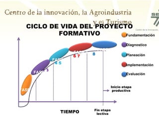 CICLO DE VIDA DEL PROYECTO FORMATIVO TIEMPO Fin etapa lectiva Inicio etapa productiva 1 2 3 4 5 6 7 8 FASE 0 FASE 1 FASE 2 FASE 3 FASE 4 Diagnostico Planeación Evaluación Implementación Fundamentación 