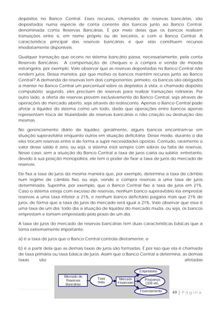 depósitos no Banco Central. Esses recursos, chamados de reservas bancárias, são
depositados numa espécie de conta corrente dos bancos junto ao Banco Central,
denominada conta Reservas Bancárias. É por meio delas que os bancos realizam
transações entre si, em nome próprio ou de terceiros, e com o Banco Central. A
característica principal das reservas bancárias é que elas constituem recursos
imediatamente disponíveis.

Qualquer transação que ocorre no sistema bancário passa, necessariamente, pela conta
Reservas Bancárias. A compensação de cheques e a compra e venda de moeda
estrangeira, por exemplo. Vale observar que as reservas depositadas no Banco Central não
rendem juros. Dessa maneira, por que motivo os bancos mantém recursos junto ao Banco
Central? A demanda de reservas tem dois componentes: primeiro, os bancos são obrigados
a manter no Banco Central um percentual sobre os depósitos à vista, o chamado depósito
compulsório; segundo, eles precisam de reservas para realizar transações rotineiras. Por
outro lado, a oferta de reservas provém exclusivamente do Banco Central, seja através de
operações de mercado aberto, seja através do redesconto. Apenas o Banco Central pode
afetar a liquidez do sistema como um todo, dado que operações entre bancos apenas
representam troca de titularidade de reservas bancárias e não criação ou destruição das
mesmas.

No gerenciamento diário de liquidez, geralmente, alguns bancos encontram-se em
situação superavitária enquanto outros em situação deficitária. Desse modo, durante o dia
eles trocam reservas entre si de forma a suprir necessidades opostas. Contudo, raramente o
valor desse saldo é zero, ou seja, o sistema está sempre com sobras ou falta de reservas.
Nesse caso, sem a atuação do Banco Central a taxa de juros cairia ou subiria; entretanto,
devido à sua posição monopolista, ele tem o poder de fixar a taxa de juros do mercado de
reservas.

Ele fixa a taxa de juros da mesma maneira que, por exemplo, determina a taxa de câmbio
num regime de câmbio fixo, ou seja, vende e compra reservas a uma taxa de juros
determinada. Suponha, por exemplo, que o Banco Central fixe a taxa de juros em 21%.
Caso o sistema esteja com excesso de reservas, nenhum banco superavitário iria emprestar
reservas a uma taxa inferior a 21%, e nenhum banco deficitário pagaria mais que 21% de
juros, de forma que a taxa de juros do mercado será igual a 21%. Vale observar que essa é
uma taxa de um dia; todo dia a situação de liquidez do mercado muda, ou seja, os bancos
emprestam e tomam emprestado pelo prazo de um dia.

A taxa de juros do mercado de reservas bancárias tem duas características básicas que a
torna extremamente importante:

a) é a taxa de juros que o Banco Central controla diretamente; e

b) é a partir dela que as demais taxas de juros são formadas. É por isso que ela é chamada
de taxa primária ou taxa básica de juros. Assim que o Banco Central a determina, as demais
taxas     são                                                                       afetadas




                                                                            49 | P á g i n a
 