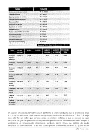 Os salários em vendas também variam conforme o setor ou indústria que o profissional atua
e o porte da empresa, conforme mostrado respectivamente nos Quadros 13.7 e 13.8. Veja
que não há um setor que sempre paga os maiores salários e que a crença de que
empresas de grande porte são as responsáveis pelas maiores remunerações nem sempre é
verdadeira. A remuneração dependerá também, como vimos, da política de cada
empresa, da concorrência e de não querer perder profissionais para ela ou querer trazer
                                                                          69 | P á g i n a
 