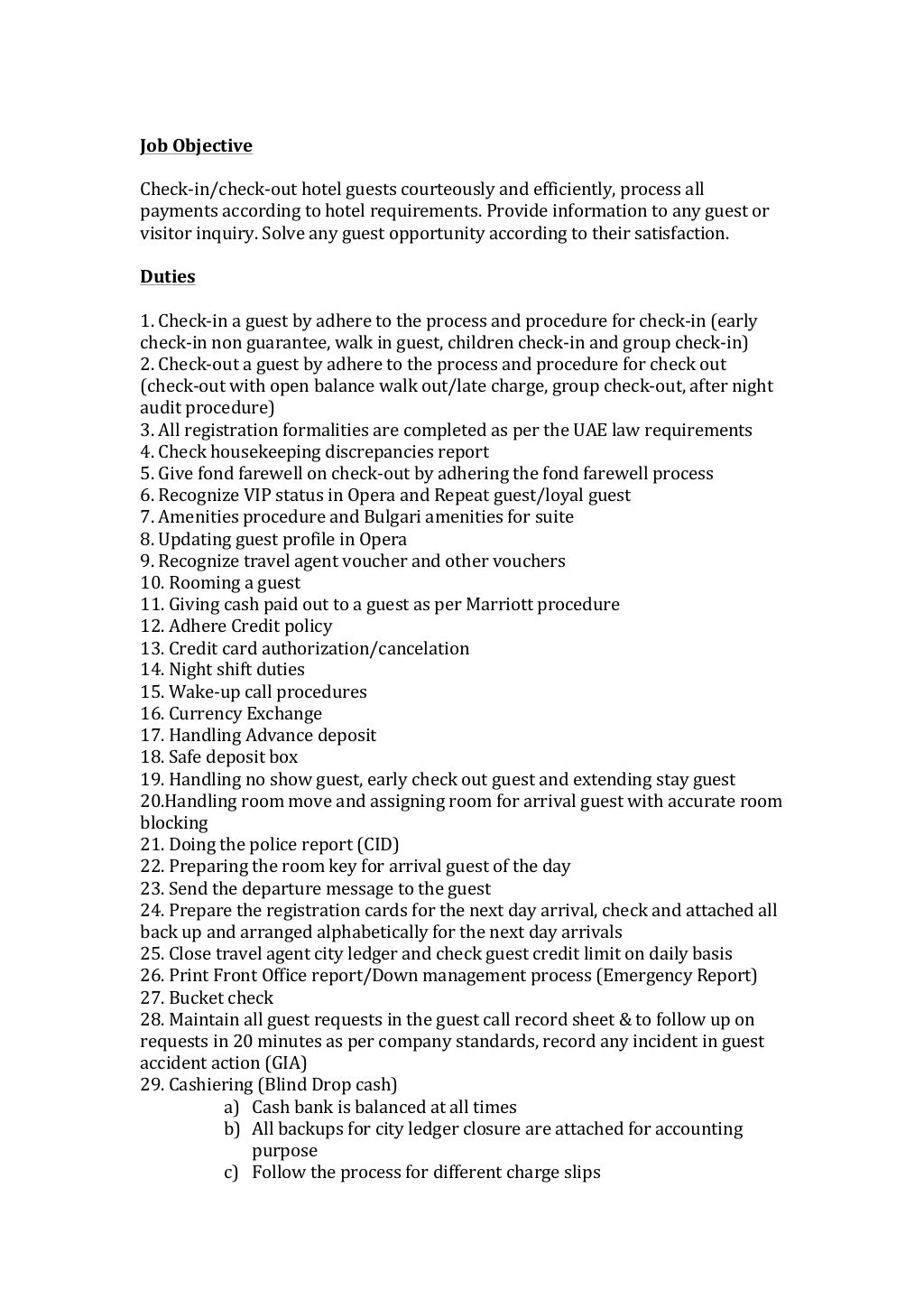 Job Description Front Desk Agent