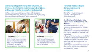 24
We have maintained solid partnerships with reputable,
specialized companies, which can guarantee safe, high-quality
services provided by specialists, at the best prices.
Tailored-made packages
for your company’s
employees
Our offer includes integrated
services subscriptions at
affordable prices.
Our free benefits included in our
offers assure all the comfort, as it
follows:
• Compensation in the case of
appliance damage caused by Voltage
fluctuations
• Exemption from paying energy bills in
the case of unexpected events at the
workplace
• Emergency interventions executed by
authorised specialists in the case of
damage occured at our clients house:
electrical, gas, sanitary, thermal and
sewerage
• Emergency locksmith interventions in
the case of broken doors or a locked
entrance door house.
With our packages of integrated solutions, we
offer our clients tailor-made energy subscriptions
and new services for their safety and comfort.
With Tinmar Smart Home we
deliver solutions designed to
help our customers keep
control of the energy
consumption in their homes.
With Tinmar Reparator we
offer prompt support to our
customers for appliance and
electrical repairs.
 