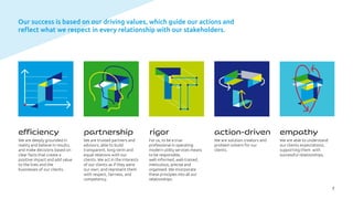 7
Our success is based on our driving values, which guide our actions and
reflect what we respect in every relationship with our stakeholders.
We are deeply grounded in
reality and believe in results,
and make decisions based on
clear facts that create a
positive impact and add value
to the lives and the
businesses of our clients.
We are trusted partners and
advisors, able to build
transparent, long-term and
equal relations with our
clients. We act in the interests
of our clients as if they were
our own, and represent them
with respect, fairness, and
competency.
For us, to be a true
professional in operating
modern utility services means
to be responsible,
well-informed, well-trained,
meticulous, precise and
organised. We incorporate
these principles into all our
relationships.
We are solution creators and
problem solvers for our
clients.
We are able to understand
our clients expectations,
supporting them with
successful relationships.
efficiency partnership rigor action-driven empathy
 