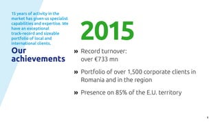 8
15 years of activity in the
market has given us specialist
capabilities and expertise. We
have an exceptional
track-record and sizeable
portfolio of local and
international clients.
2015
Our
achievements
Record turnover:
over €733 mn
Portfolio of over 1,500 corporate clients in
Romania and in the region
Presence on 85% of the E.U. territory
»
»
»
 