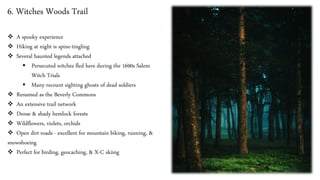 6. Witches Woods Trail
❖ A spooky experience
❖ Hiking at night is spine-tingling
❖ Several haunted legends attached
▪ Persecuted witches fled here during the 1690s Salem
Witch Trials
▪ Many recount sighting ghosts of dead soldiers
❖ Renamed as the Beverly Commons
❖ An extensive trail network
❖ Dense & shady hemlock forests
❖ Wildflowers, violets, orchids
❖ Open dirt roads - excellent for mountain biking, running, &
snowshoeing
❖ Perfect for birding, geocaching, & X-C skiing
 