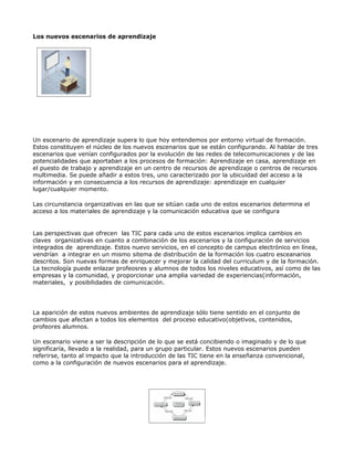 Los nuevos escenarios de aprendizaje




Un escenario de aprendizaje supera lo que hoy entendemos por entorno virtual de formación.
Estos constituyen el núcleo de los nuevos escenarios que se están configurando. Al hablar de tres
escenarios que venían configurados por la evolución de las redes de telecomunicaciones y de las
potencialidades que aportaban a los procesos de formación: Aprendizaje en casa, aprendizaje en
el puesto de trabajo y aprendizaje en un centro de recursos de aprendizaje o centros de recursos
multimedia. Se puede añadir a estos tres, uno caracterizado por la ubicuidad del acceso a la
información y en consecuencia a los recursos de aprendizaje: aprendizaje en cualquier
lugar/cualquier momento.

Las circunstancia organizativas en las que se sitúan cada uno de estos escenarios determina el
acceso a los materiales de aprendizaje y la comunicación educativa que se configura


Las perspectivas que ofrecen las TIC para cada uno de estos escenarios implica cambios en
claves organizativas en cuanto a combinación de los escenarios y la configuración de servicios
integrados de aprendizaje. Estos nuevo servicios, en el concepto de campus electrónico en línea,
vendrían a integrar en un mismo sitema de distribución de la formación los cuatro esceanarios
descritos. Son nuevas formas de enriquecer y mejorar la calidad del curriculum y de la formación.
La tecnología puede enlazar profeosres y alumnos de todos los niveles educativos, así como de las
empresas y la comunidad, y proporcionar una amplia variedad de experiencias(información,
materiales, y posibilidades de comunicación.




La aparición de estos nuevos ambientes de aprendizaje sólo tiene sentido en el conjunto de
cambios que afectan a todos los elementos del proceso educativo(objetivos, contenidos,
profeores alumnos.

Un escenario viene a ser la descripción de lo que se está concibiendo o imaginado y de lo que
significaría, llevado a la realidad, para un grupo particular. Estos nuevos escenarios pueden
referirse, tanto al impacto que la introducción de las TIC tiene en la enseñanza convencional,
como a la configuración de nuevos escenarios para el aprendizaje.
 