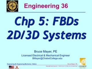 BMayer@ChabotCollege.edu • ENGR-36_Lec-10_FBDs_2D_3D_Systems.pptx
1
Bruce Mayer, PE
Engineering-36: Engineering Mechanics - Statics
Bruce Mayer, PE
Licensed Electrical & Mechanical Engineer
BMayer@ChabotCollege.edu
Engineering 36
Chp 5: FBDs
2D/3D Systems
 