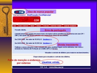 Uso de marca popular 
Erro de português 
Dívida inexistente 
Falta de menção a endereço 
por extenso 
 
