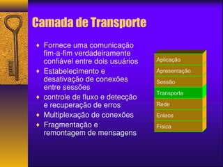 Camada de Transporte 
¨ Fornece uma comunicação 
fim-a-fim verdadeiramente 
confiável entre dois usuários 
¨ Estabelecimento e 
desativação de conexões 
entre sessões 
¨ controle de fluxo e detecção 
e recuperação de erros 
¨ Multiplexação de conexões 
¨ Fragmentação e 
remontagem de mensagens 
Aplicação 
Apresentação 
Sessão 
Transporte 
Rede 
Enlace 
Física 
 
