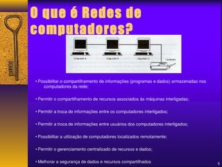 O que é Redes de 
computadores? 
• Possibilitar o compartilhamento de informações (programas e dados) armazenadas nos 
computadores da rede; 
• Permitir o compartilhamento de recursos associados às máquinas interligadas; 
• Permitir a troca de informações entre os computadores interligados; 
• Permitir a troca de informações entre usuários dos computadores interligados; 
• Possibilitar a utilização de computadores localizados remotamente; 
• Permitir o gerenciamento centralizado de recursos e dados; 
• Melhorar a segurança de dados e recursos compartilhados 8 
 