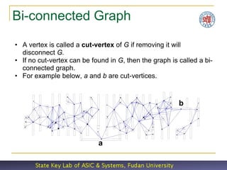 Bi-connected Graph

• A vertex is called a cut-vertex of G if removing it will
  disconnect G.
• If no cut-vertex can be found in G, then the graph is called a bi-
  connected graph.
• For example below, a and b are cut-vertices.



                                                        b




                            a
 