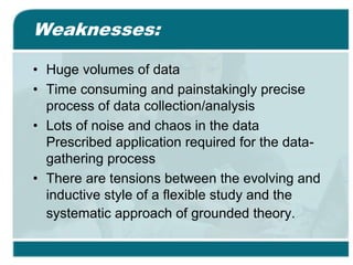 Weaknesses:
• Huge volumes of data
• Time consuming and painstakingly precise
process of data collection/analysis
• Lots of noise and chaos in the data
Prescribed application required for the data-
gathering process
• There are tensions between the evolving and
inductive style of a flexible study and the
systematic approach of grounded theory.
 