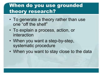 When do you use grounded
theory research?
• To generate a theory rather than use
one “off the shelf”
• To explain a process, action, or
interaction
• When you want a step-by-step,
systematic procedure
• When you want to stay close to the data
 