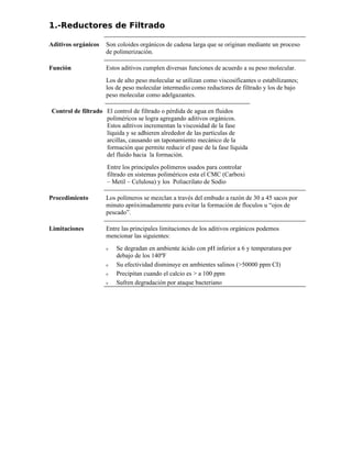 1.-Reductores de Filtrado
Aditivos orgánicos Son coloides orgánicos de cadena larga que se originan mediante un proceso
de polimerización.
Función Estos aditivos cumplen diversas funciones de acuerdo a su peso molecular.
Los de alto peso molecular se utilizan como viscosificantes o estabilizantes;
los de peso molecular intermedio como reductores de filtrado y los de bajo
peso molecular como adelgazantes.
Control de filtrado El control de filtrado o pérdida de agua en fluidos
poliméricos se logra agregando aditivos orgánicos.
Estos aditivos incrementan la viscosidad de la fase
líquida y se adhieren alrededor de las partículas de
arcillas, causando un taponamiento mecánico de la
formación que permite reducir el pase de la fase líquida
del fluido hacia la formación.
Entre los principales polímeros usados para controlar
filtrado en sistemas poliméricos esta el CMC (Carboxi
– Metil – Celulosa) y los Poliacrilato de Sodio
Procedimiento Los polímeros se mezclan a través del embudo a razón de 30 a 45 sacos por
minuto apróximadamente para evitar la formación de floculos u “ojos de
pescado”.
Limitaciones Entre las principales limitaciones de los aditivos orgánicos podemos
mencionar las siguientes:
ν Se degradan en ambiente ácido con pH inferior a 6 y temperatura por
debajo de los 140ºF
ν Su efectividad disminuye en ambientes salinos (>50000 ppm CI)
ν Precipitan cuando el calcio es > a 100 ppm
ν Sufren degradación por ataque bacteriano
 