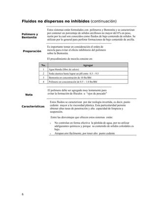 Fluidos no dispersos no inhibidos (continuación)
Polímero y
Bentonita
Estos sistemas están formulados con polímeros y Bentonita y se caracterizan
por contener un porcentaje de sólidos arcillosos no mayor del 6% en peso,
razón por la cual son conocidos como fluidos de bajo contenido de sólidos. Se
utilizan por lo general para perforar formaciones de bajo contenido de arcilla.
Preparación
Es importante tomar en consideración el orden de
mezcla para evitar el efecto inhibitorio del polímero
sobre la Bentonita.
El procedimiento de mezcla consiste en:
No. Agregar
1 Agua blanda (libre de calcio)
2 Soda cáustica hasta lograr un pH entre 8.5 – 9.5
3 Bentonita en concentración de 10 lbs/Bbl
4 Polímero en concentración de 0.5 – 1.0 lbs/Bbl
Nota
El polímero debe ser agregado muy lentamente para
evitar la formación de flóculos u “ojos de pescado”
Características
Estos fluidos se caracterizan por dar reología invertida, es decir, punto
cedente mayor a la viscosidad plástica. Esta particularidad permite
obtener altas tasas de penetración y alta capacidad de limpieza y
suspensión.
Entre las desventajas que ofrecen estos sistemas están:
ν No controlan en forma efectiva la pérdida de agua, por no utilizar
adelgazantes químicos y porque su contenido de sólidos coloidales es
bajo.
ν Atrapan aire fácilmente, por tener alto punto cedente
6
 