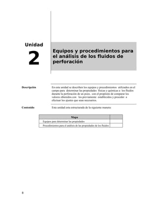 Unidad
2
Equipos y procedimientos para
el análisis de los fluidos de
perforación
Descripción En esta unidad se describen los equipos y procedimientos utilizados en el
campo para determinar las propiedades físicas y químicas a los fluidos
durante la perforación de un pozo, con el propósito de comparar los
valores obtenidos con los previamente establecidos y proceder a
efectuar los ajustes que sean necesarios.
Contenido Esta unidad esta estructurada de la siguiente manera:
Mapa
Equipos para determinar las propiedades
Procedimientos para el análisis de las propiedades de los fluidos
8
 